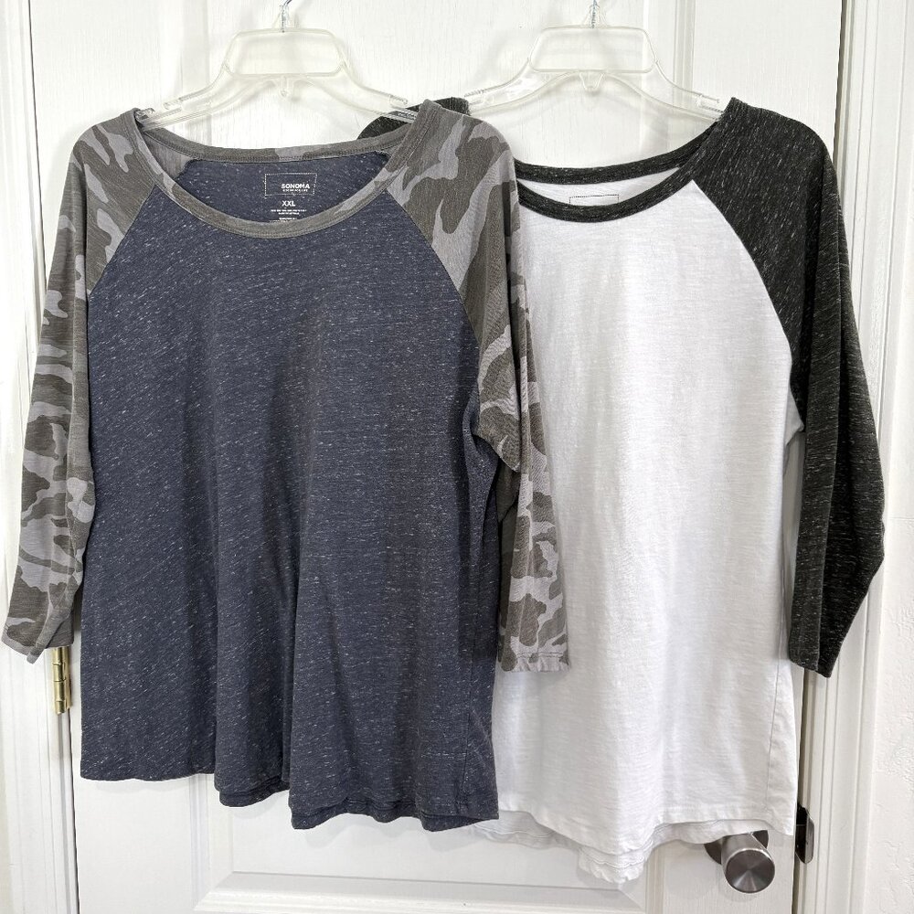 Sonoma 2 PC Baseball Style Raglan T-Shirt 3/4 Sleeve Top Camo & White Charcoal